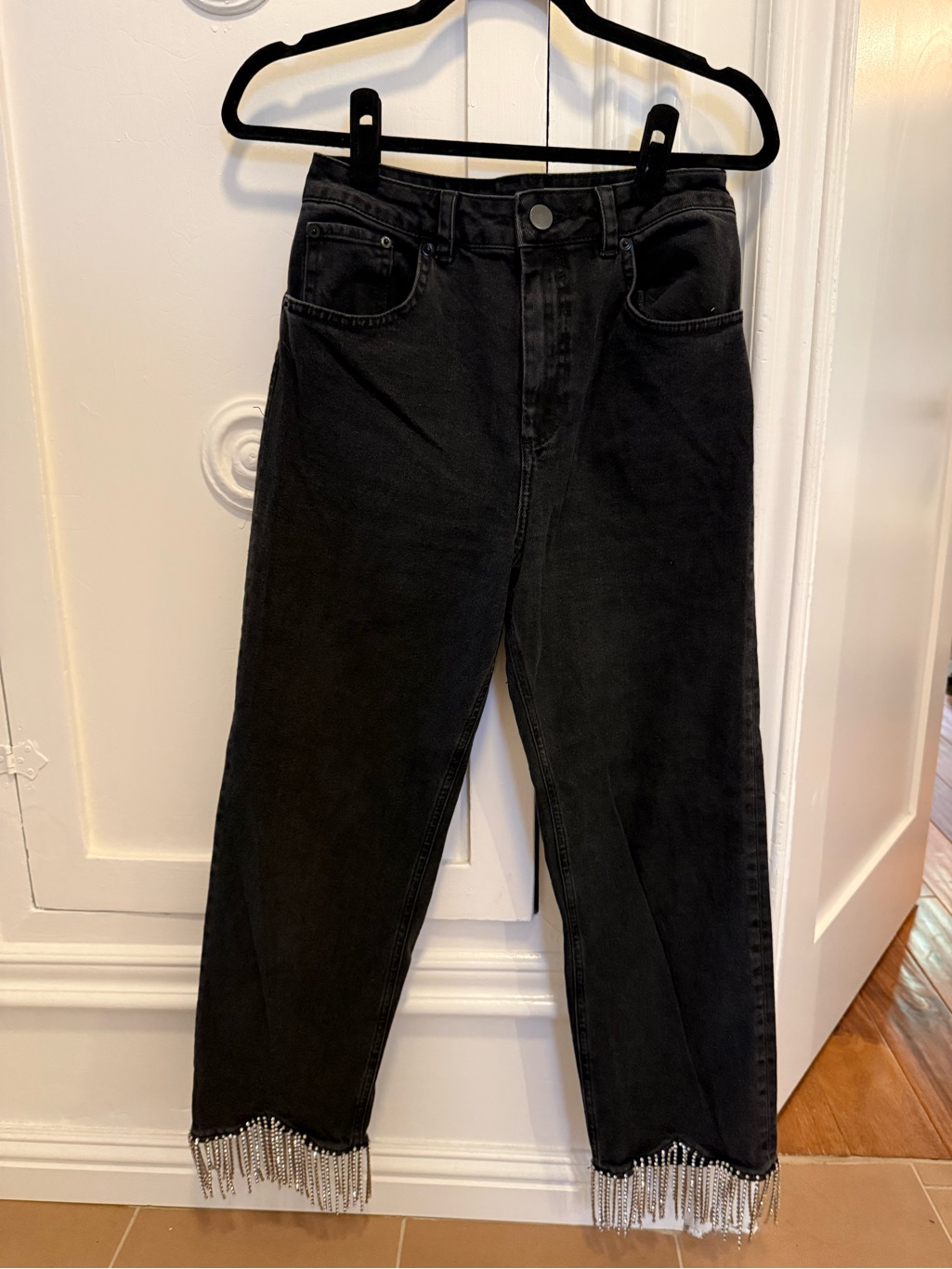 Asos Black High-Waist Jeans With Beaded Rhinestone Fringe Hem